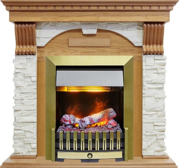Каминокомплекты из камня Dimplex Каминокомплект Dublin - Дуб / Сланец белый с очагом Danville Antique Brass FB2