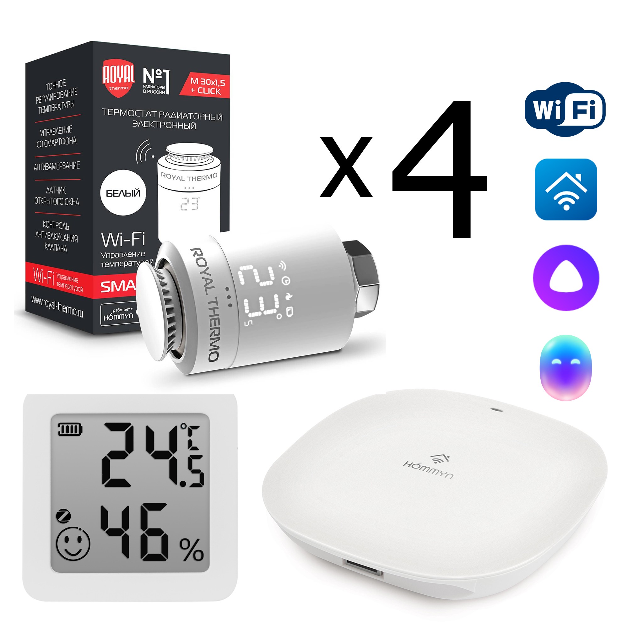 Комплект управления Royal Thermo для 4 радиаторов по Wi-Fi Smart Heat HH-01/THS30ZB